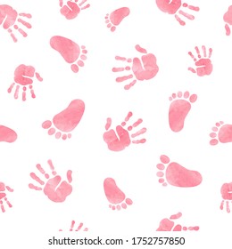 Seamless pattern with kids palm hand and foot prints. Baby shower watercolor vector illustration.