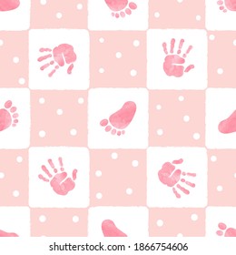 Seamless pattern with kids palm hand and foot prints. Baby shower vector illustration.