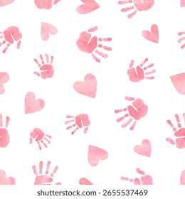 Patrón sin fisuras con estampados de manos de palma de niños y corazones. Ilustración vectorial de acuarela de ducha de bebé