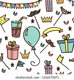 Seamless pattern for kids parties and holidays. Bright colors with a brown stroke.