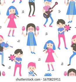 Seamless pattern with kids playing different musical tools: maracas; guitar; violin; tambourine; flute. Endless vector illustration. Child music performance