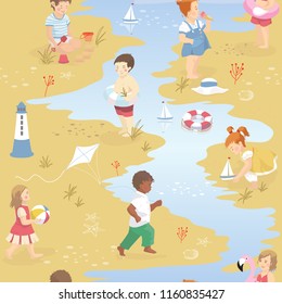 Seamless pattern with kids playing on the beach. Vector illustration