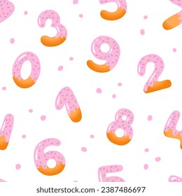 Seamless pattern for kids projects with sweet pink donuts numbers. School, education or nursery theme wallpaper.