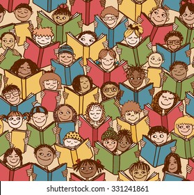 Seamless Pattern Of Kids Reading Colorful Books, 