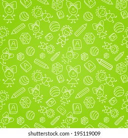 Seamless Pattern with Kids Silhouettes on Green Background. Simple Illustrations