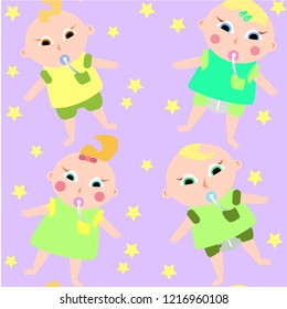 Seamless pattern with kids and stars on violet background.