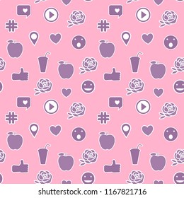 Seamless pattern with kids stickers. Vector icons isolated on pink trend color background