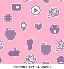Seamless pattern with kids stickers. Vector icons isolated on pink trend color background