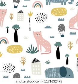 Patrón sin inconvenientes con el gato al estilo de los niños, elefante, arcoiris, palmera. Textura infantil creativa. Excelente para tela, vectores textiles Ilustración