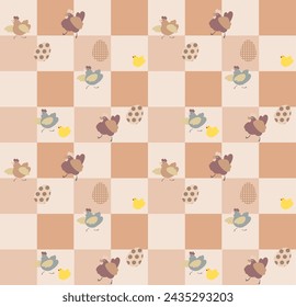 Seamless pattern for kids textile. Funny cartoon characters. Eggs and chickens.
