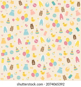 Seamless pattern of kids' things. Toys, clothes, feeding set. Baby shower. New born baby set. Vector illustration