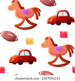 Seamless pattern with kids toy car and wooden horse