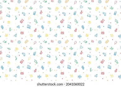 Seamless pattern of kids toys. Baby background, vector illustration for boy and girl. Fabric design from line icon.