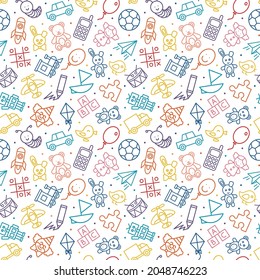 Seamless pattern of kids toys. Baby background, vector illustration for boy and girl. Fabric design from line icon.