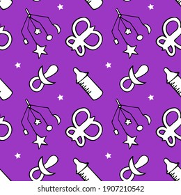 Seamless pattern with kids toys and butterfly, rattle and feeding bottle. Design for wallpaper, wrapping, fabric, textile.