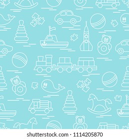 Seamless pattern with kids toys. Train, cars, balls, rocking horse, roly-poly, whale, puzzles, pyramid, boat.