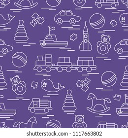 Seamless pattern with kids toys. Train, cars, balls, rocking horse, roly-poly, whale, puzzles, pyramid, boat.