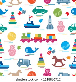 Seamless pattern with kids toys. Train, cars, balls, rocking horse, roly-poly, whale, puzzles, pyramid, boat.