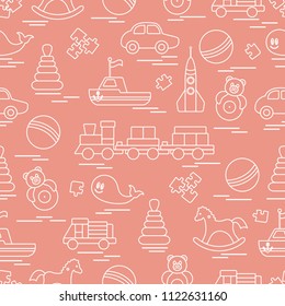 Seamless pattern with kids toys. Train, cars, balls, rocking horse, roly-poly, whale, puzzles, pyramid, boat.