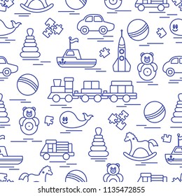Seamless pattern with kids toys. Train, cars, balls, rocking horse, roly-poly, whale, puzzles, pyramid, boat.