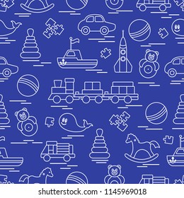 Seamless pattern with kids toys. Train, cars, balls, rocking horse, roly-poly, whale, puzzles, pyramid, boat.