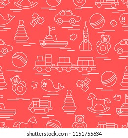 Seamless pattern with kids toys. Train, cars, balls, rocking horse, roly-poly, whale, puzzles, pyramid, boat.