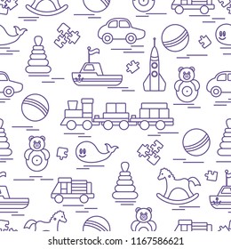 Seamless pattern with kids toys. Train, cars, balls, rocking horse, roly-poly, whale, puzzles, pyramid, boat.