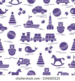 Seamless pattern with kids toys. Train, cars, balls, rocking horse, roly-poly, whale, puzzles, pyramid, boat.