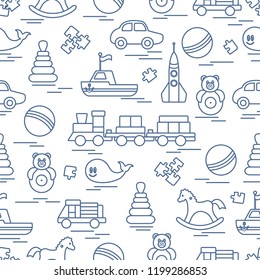 Seamless pattern with kids toys. Train, cars, balls, rocking horse, roly-poly, whale, puzzles, pyramid, boat.