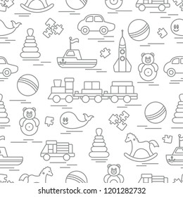 Seamless pattern with kids toys. Train, cars, balls, rocking horse, roly-poly, whale, puzzles, pyramid, boat.