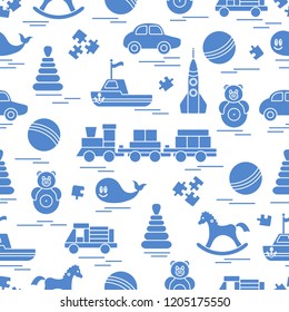 Seamless pattern with kids toys. Train, cars, balls, rocking horse, roly-poly, whale, puzzles, pyramid, boat.