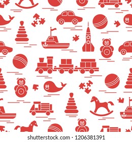 Seamless pattern with kids toys. Train, cars, balls, rocking horse, roly-poly, whale, puzzles, pyramid, boat.