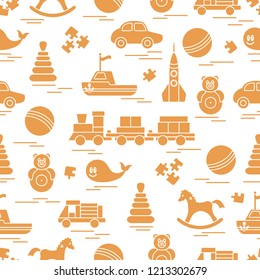 Seamless pattern with kids toys. Train, cars, balls, rocking horse, roly-poly, whale, puzzles, pyramid, boat.