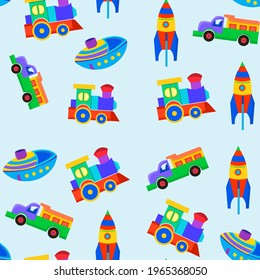 Seamless pattern of kids toys truck, rocket, ship, train. Vector cartoon illustration.