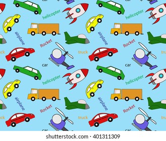 Seamless pattern of kids' transport, for packaging, tissue