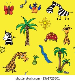 Seamless pattern for kids. Tropical theme. Wild beasts, palms