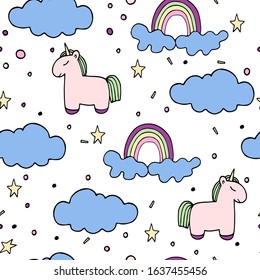 Seamless pattern for kids with unicorn, rainbow. Vector illustration. Bright, cute, Doodle style. For children's decor, textiles.