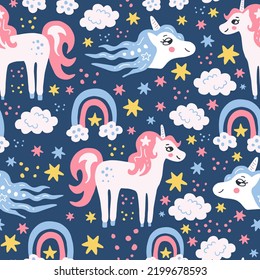 Seamless pattern for kids with unicorn rainbow star. Cute hand drawn fantasy dream animal at night sky. Childish vector illustration for greeting card, nursery design, cloth, fabric, apparel, textile