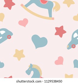 Seamless pattern for kids. Vector illustration. Rocking horse and car