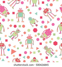 Seamless pattern for kids wallpaper design with robots and geometric shapes. Vector illustration