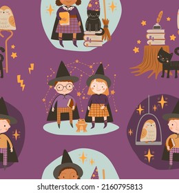 Seamless pattern with kids wizards, stars, black cat and owl on violet background. Magical digital background with vector hand drawn elements. Seamless pattern for kids fabric and scrapbook paper.