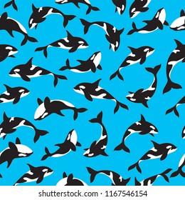 Seamless pattern. Killer whale on blue background.