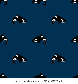 Seamless pattern of killer whale or orca on blue background