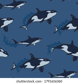 Seamless pattern of a killer whale an shark background vector elements 