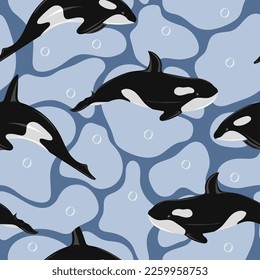 Seamless pattern with killer whale swimming in water. Marine dweller. Concept of sea and ocean life. Modern print for fabric, textiles, wrapping paper. Vector illustration