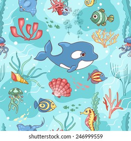 Seamless pattern with killer whale. Vector cartoon background.