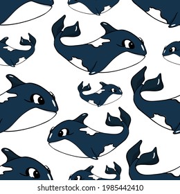 Seamless pattern with killer whales. Children's cartoon style. Vector illustration for printing on fabric, baby room decoration, packaging decor