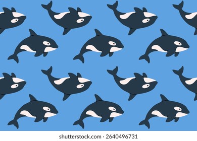 Seamless pattern with killer whales swimming on blue background. Ideal for ocean life illustrations, textile and kids designs