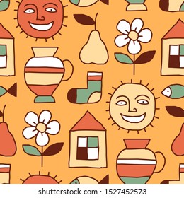 Seamless pattern of kind, cheerful things, simple shapes, sun, vase, house, flower, pear