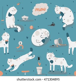 Seamless pattern with kind funky white cats, fun, stylish. Vector illustration with cat accessories - food, toys, broken flower. Kittens are playing, jumping, sleeping on blue background